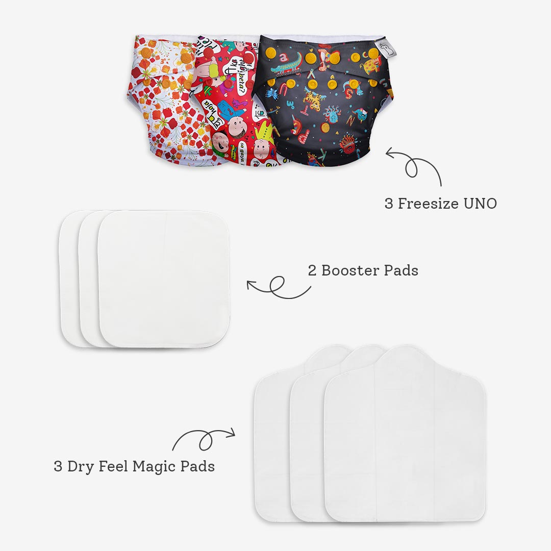Freesize UNO Cloth Diaper Pack with Pads