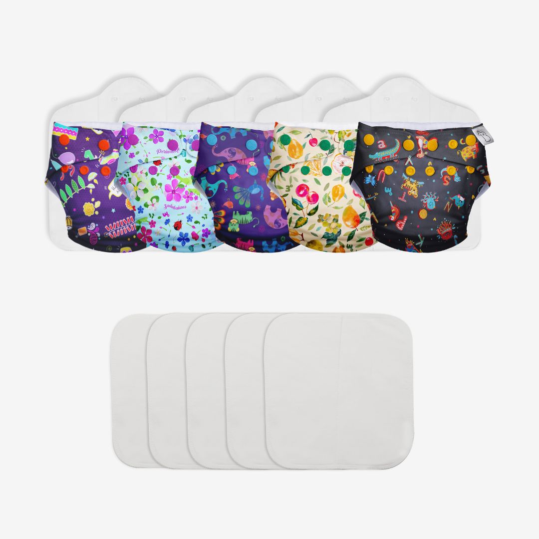 5 Freesize UNO Cloth Diaper + 5 Booster Pads