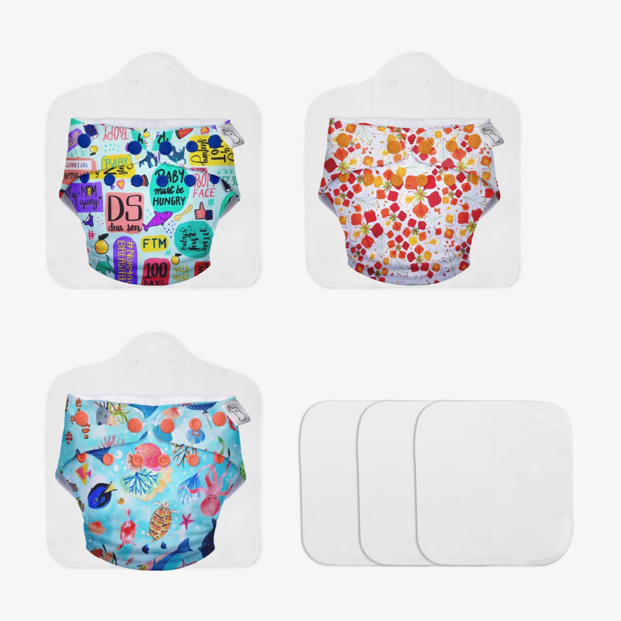 3 Freesize UNO Cloth Diaper + 3 Booster Pads