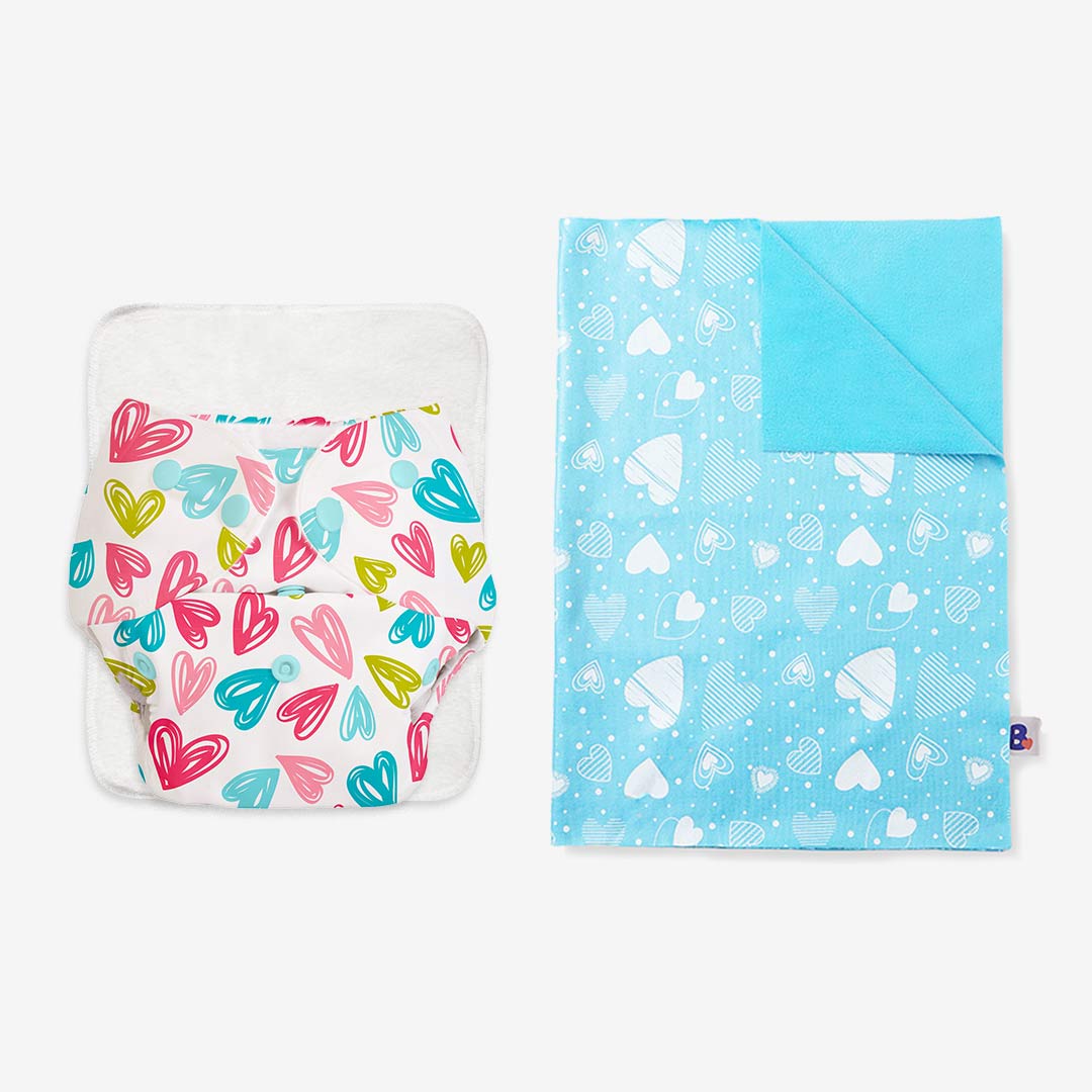 BASIC Cloth Diaper (Heart print) + Diaper Changing Mat - (S) (Breezy Blue)