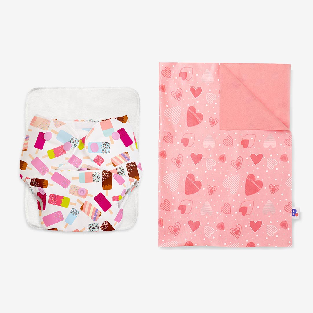BASIC Cloth Diaper (Icecream) + Diaper Changing Mat - (M) (Peppy pink)