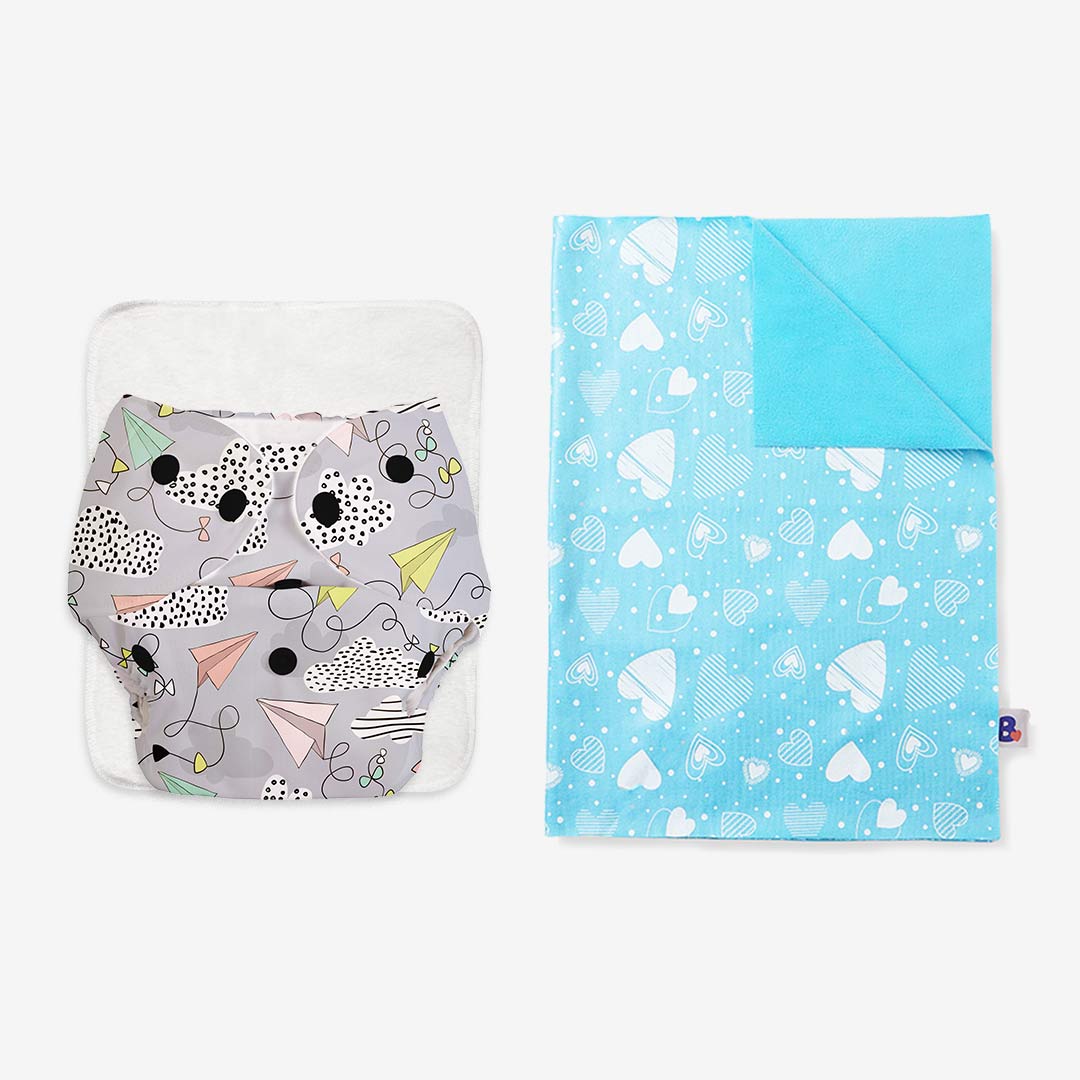 BASIC Cloth Diaper (Airplane) + Diaper Changing Mat - (M) (Breezy Blue)