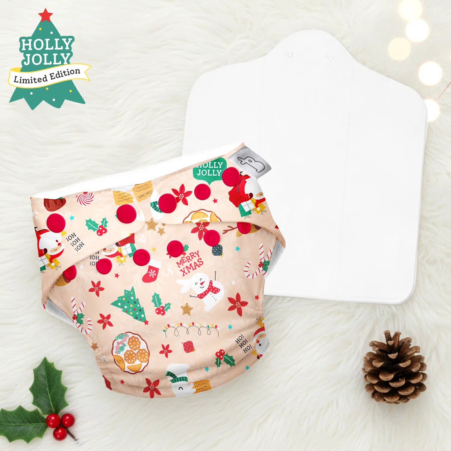 Holly Jolly Freesize UNO Cloth Diaper (With Dry Feel Magic Pad ONLY) - Limited Edition Curated for Christmas