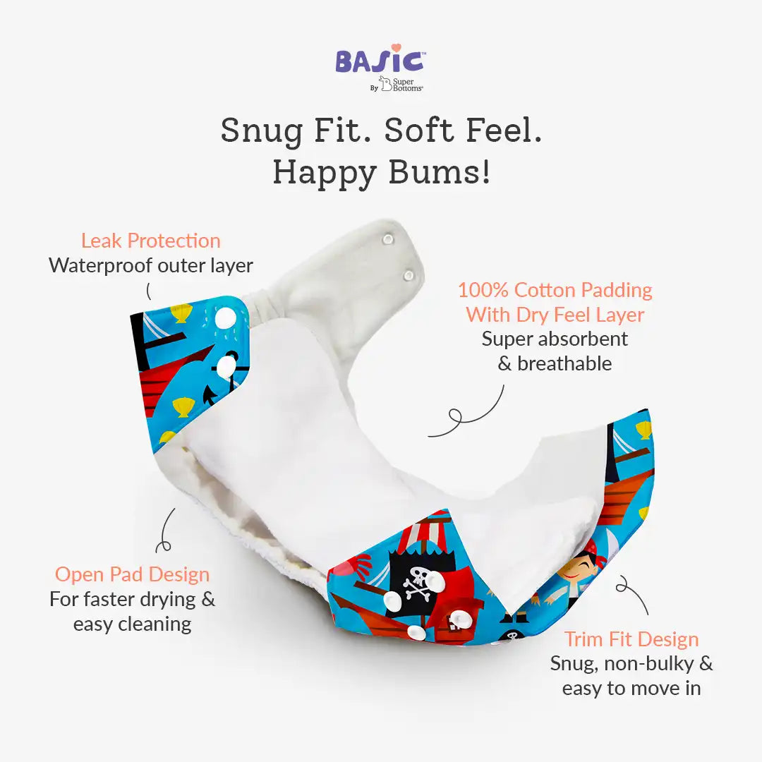 Pirate - BASIC Cloth Diaper, New & Improved with EasySnap & Quick Dry UltraThin Pad