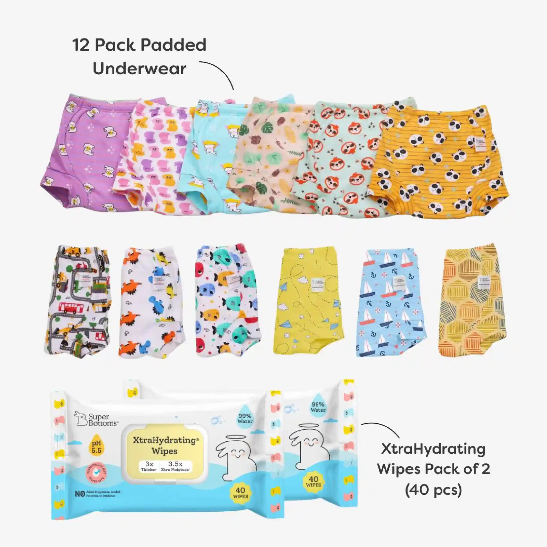 12 Pack Padded Underwear + 2 FREE Wipes - 40 Pack