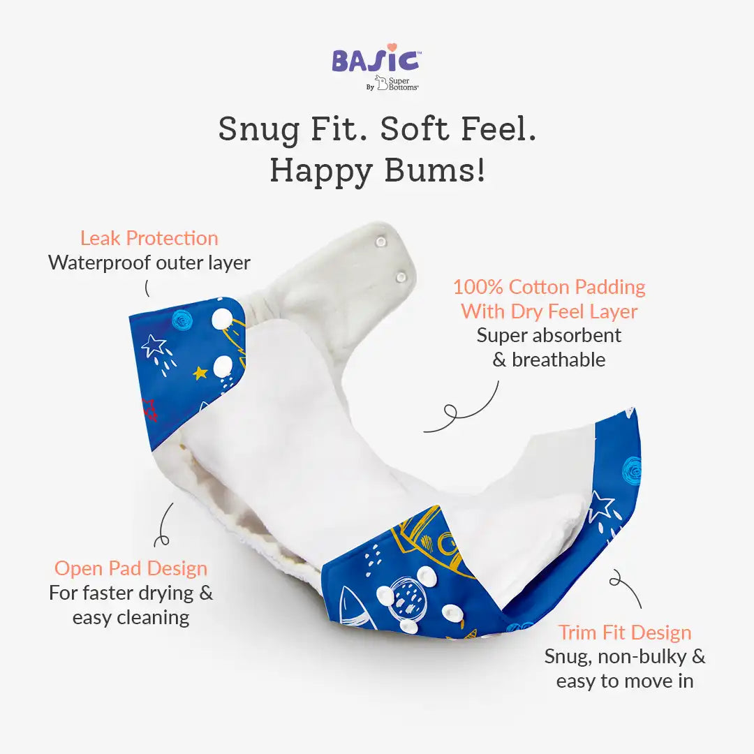 BASIC Cloth Diaper (Space Rocket) with EasySnap Quick Dry Pad