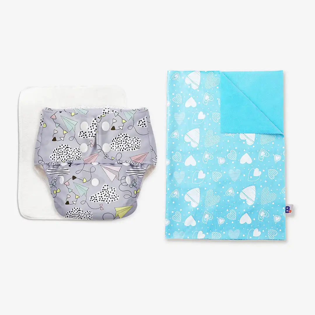 BASIC Cloth Diaper (Airplane) + Changing Mat (M) Breezy Blue