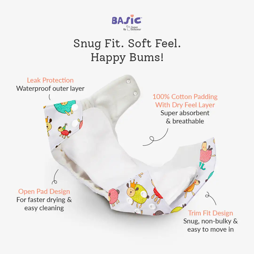 Pack of 3 BASIC Diaper, New & Improved with EasySnap & Quick Dry UltraThin Pad - (3 Shell + 3 Pads) - No Print Choice