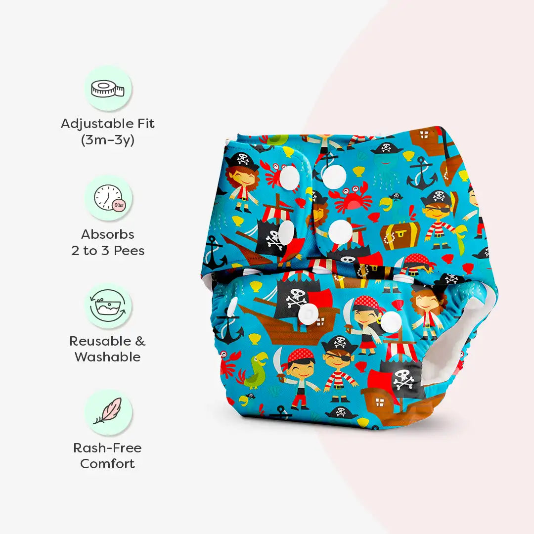 Pirate - BASIC Cloth Diaper, New & Improved with EasySnap & Quick Dry UltraThin Pad