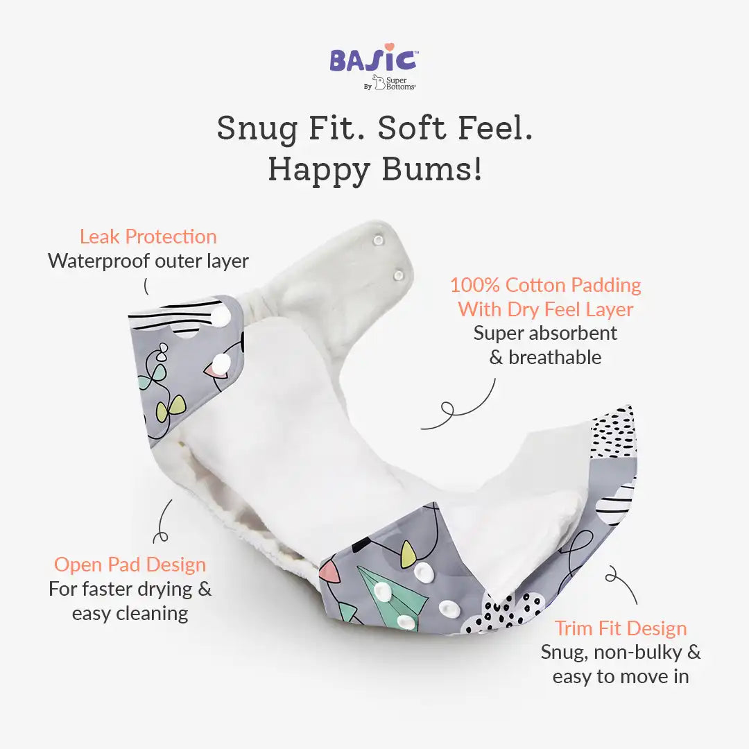 Airplane - BASIC Cloth Diaper, New & Improved with EasySnap & Quick Dry UltraThin Pad
