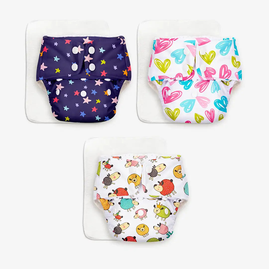 Pack of 3 BASIC Diaper, New & Improved with EasySnap & Quick Dry UltraThin Pad - (3 Shell + 3 Pads) - No Print Choice