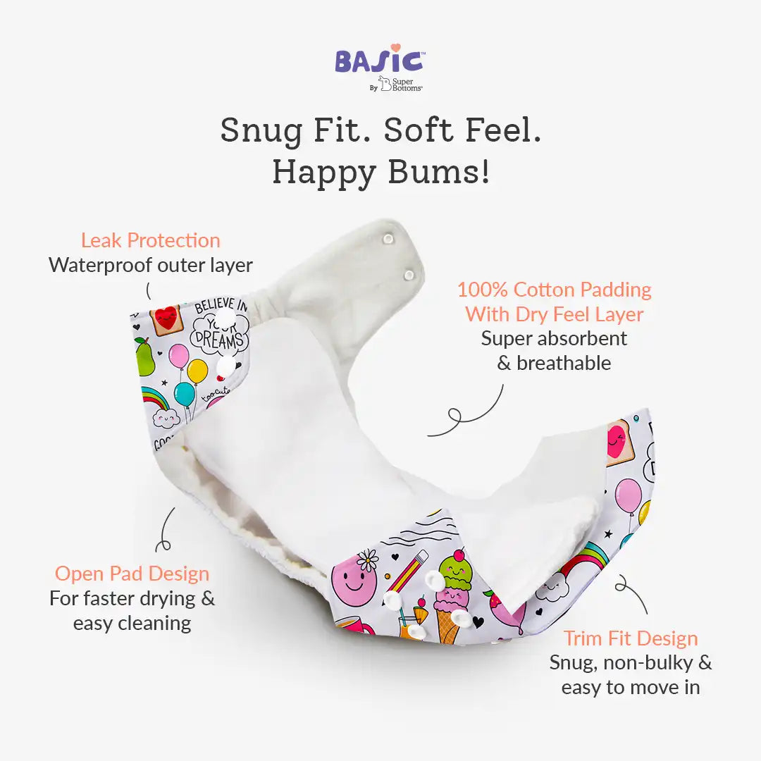 BASIC Cloth Diaper (Doodles) with EasySnap Quick Dry Pad