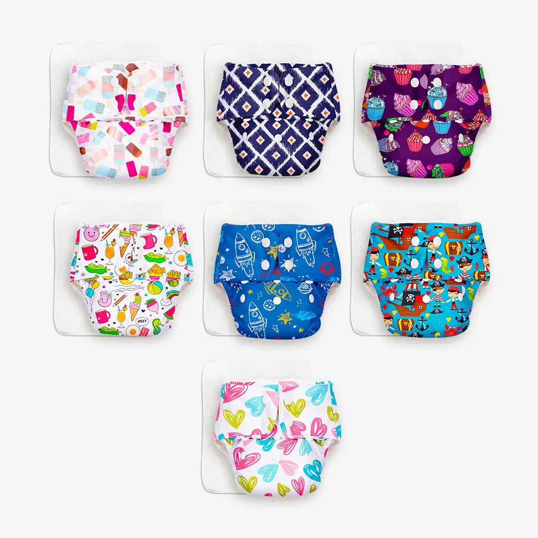 Pack of 7 BASIC Diaper, New & Improved with EasySnap & Quick Dry UltraThin Pad - (7 Shell + 7 Pads) - No Print Choice