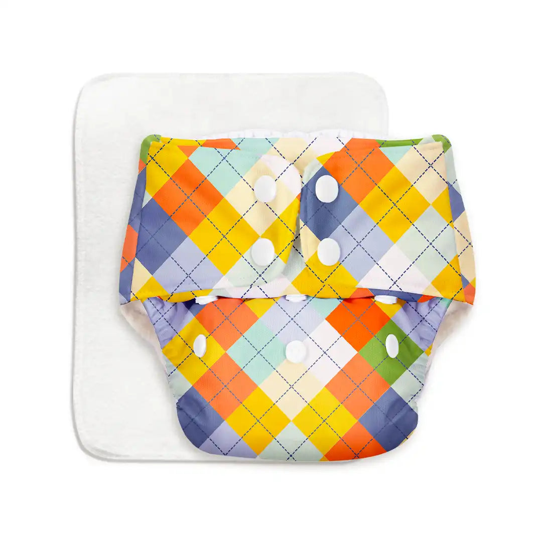 Peach Geometric - BASIC Cloth Diaper, New & Improved with EasySnap & Quick Dry UltraThin Pad