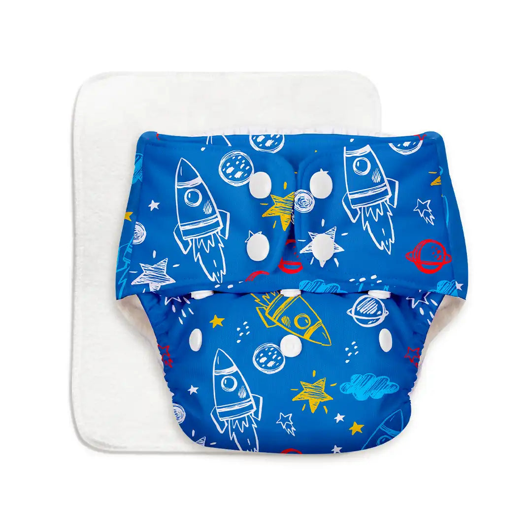 BASIC Cloth Diaper (Space Rocket) with EasySnap Quick Dry Pad