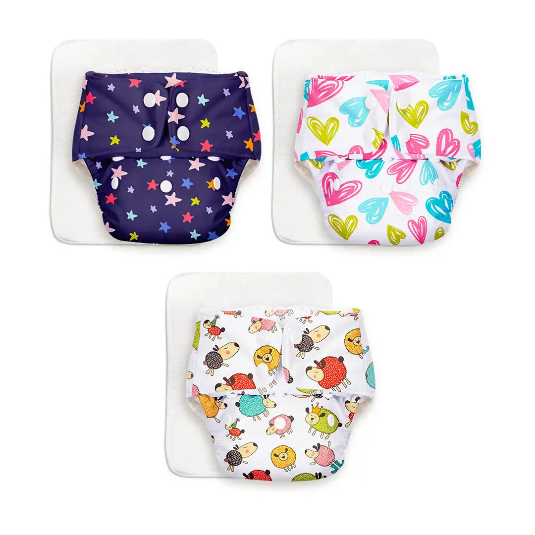 Pack of 3 BASIC Diaper, New & Improved with EasySnap & Quick Dry UltraThin Pad - (3 Shell + 3 Pads) - No Print Choice
