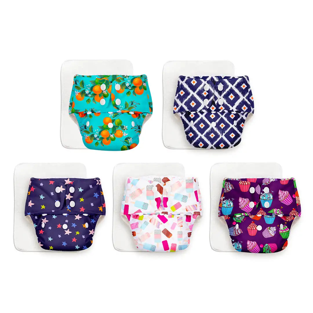 Pack of 5 BASIC Diaper, New & Improved with EasySnap & Quick Dry UltraThin Pad - (5 Shell + 5 Pads) - No Print Choice