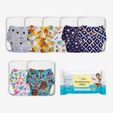 FREE XtraHydrating Wipes + Pack of 7 BASIC Diaper, New & Improved with EasySnap & Quick Dry UltraThin Pad - (7 Shell + 7 Pads) - No Print Choice
