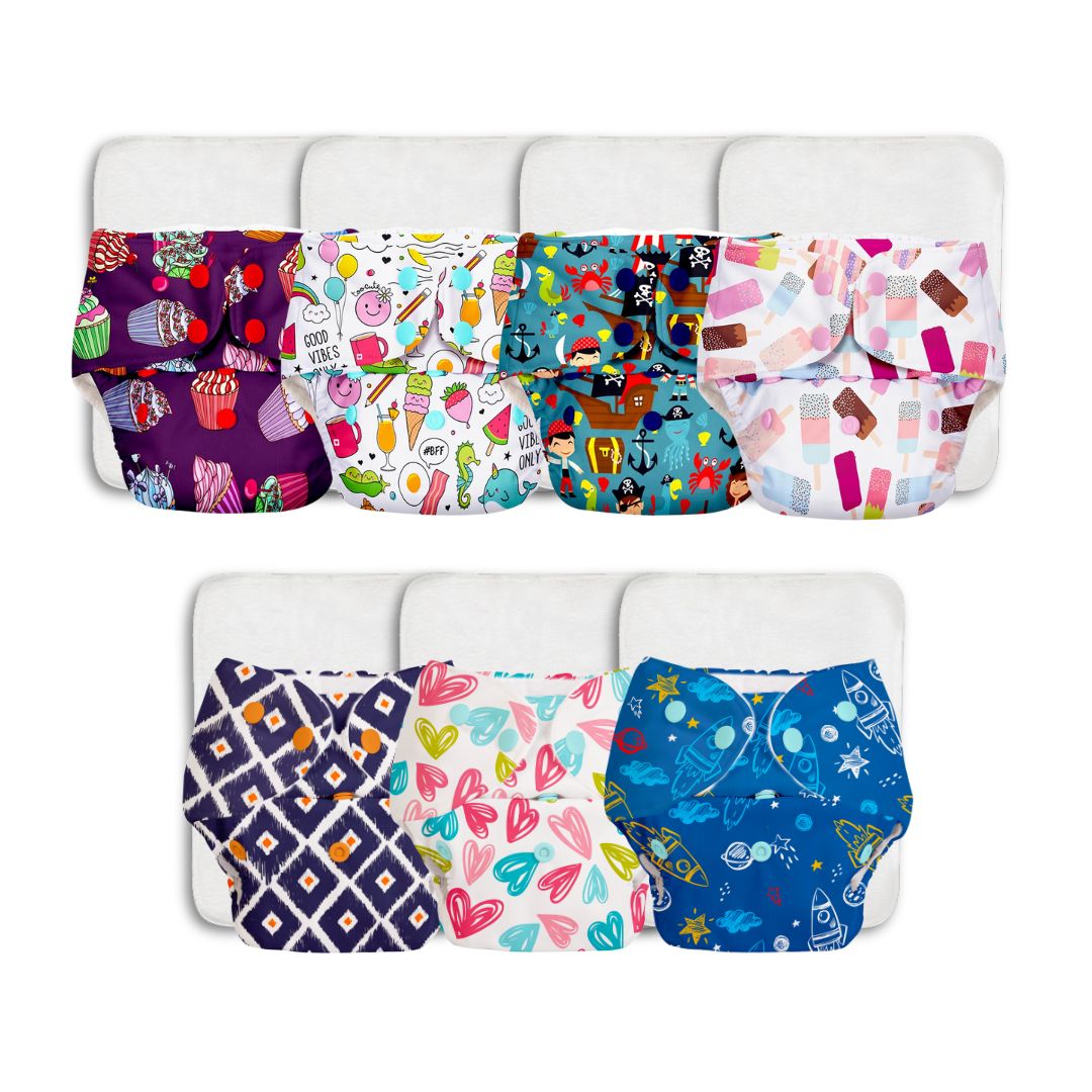 Pack of 7 BASIC Diaper, New & Improved with EasySnap & Quick Dry UltraThin Pad - (7 Shell + 7 Pads) - No Print Choice