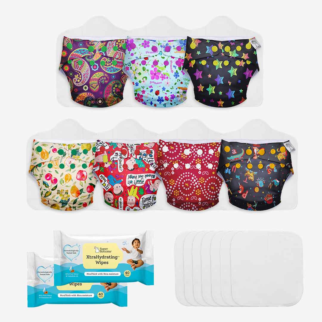 7 Freesize UNO Cloth Diapers + 7 Booster Pads + 40 Wet Wipes (2 Pack)