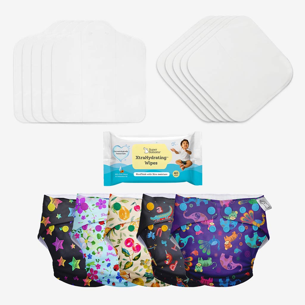 5 Freesize UNO Cloth Diaper + FREE Wipes - 40 Pack
