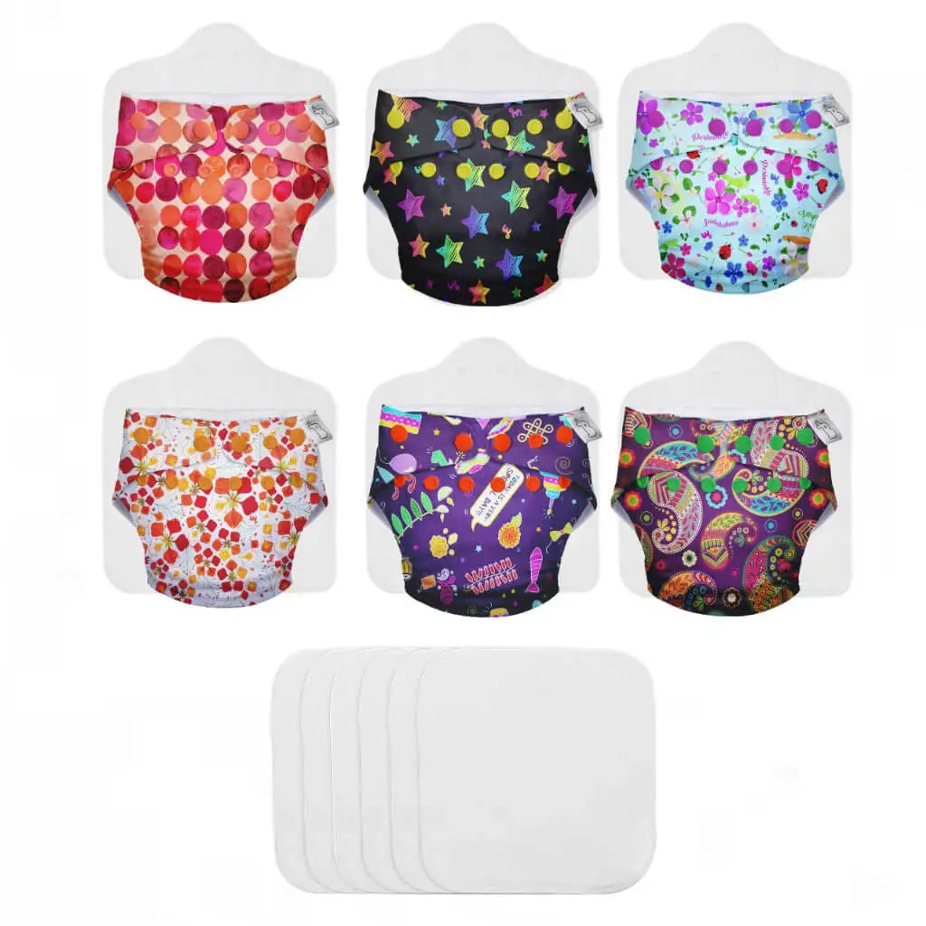 6 Freesize UNO Cloth Diapers + 6 Booster Pads