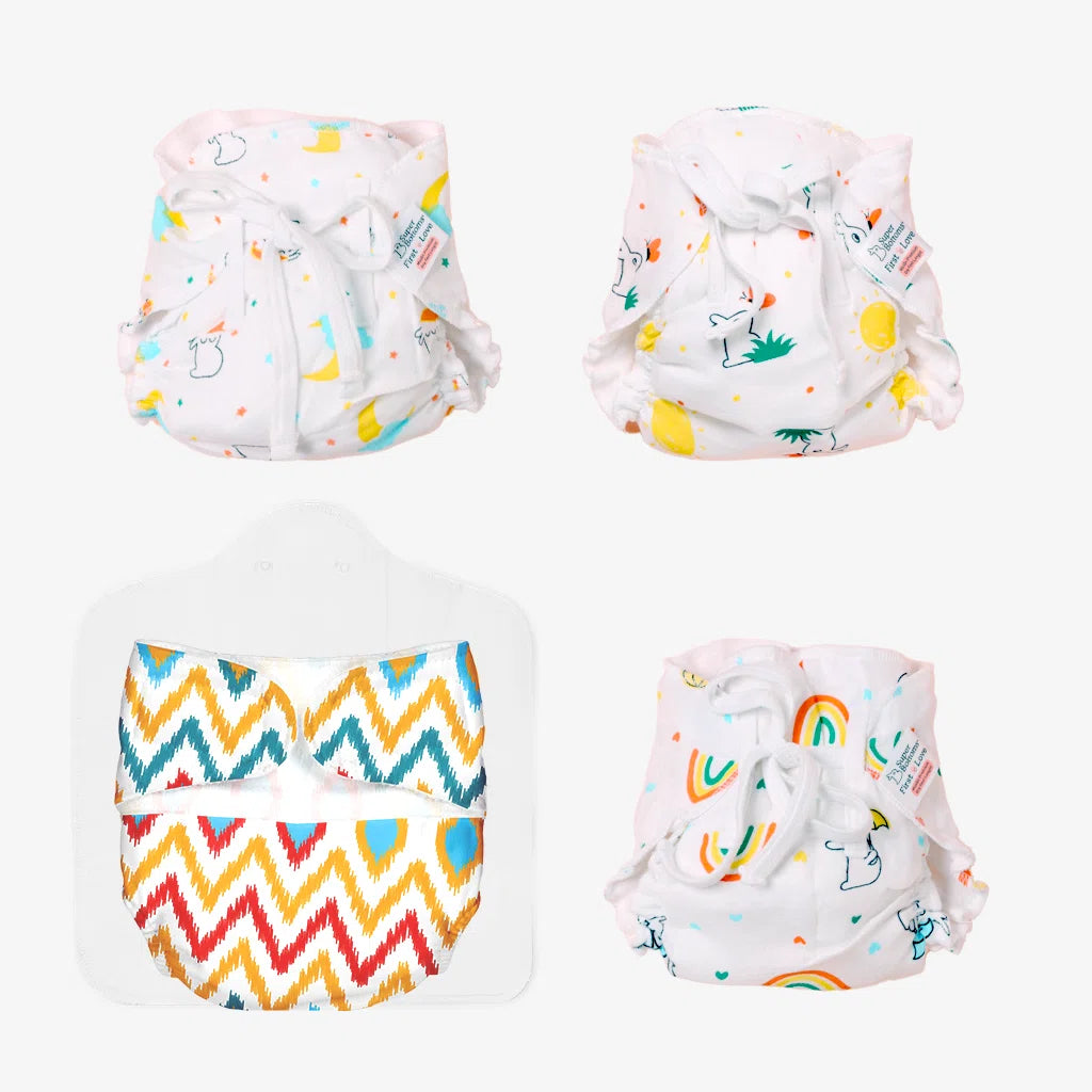 Ikat Chevron Newborn UNO Cloth Diaper + Pack of 3 (Small) Premium Muslin DryFeel Langot