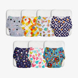 Pack of 7 BASIC Diaper, New & Improved with EasySnap & Quick Dry UltraThin Pad - (7 Shell + 7 Pads) - No Print Choice