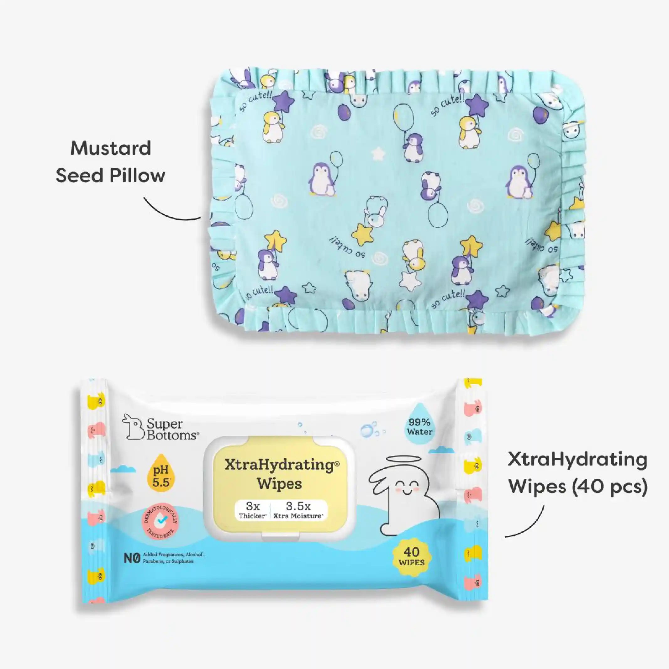 Mustard seed pillow (Little Pingu) and XtraHydrating® Wipes - 40 pack