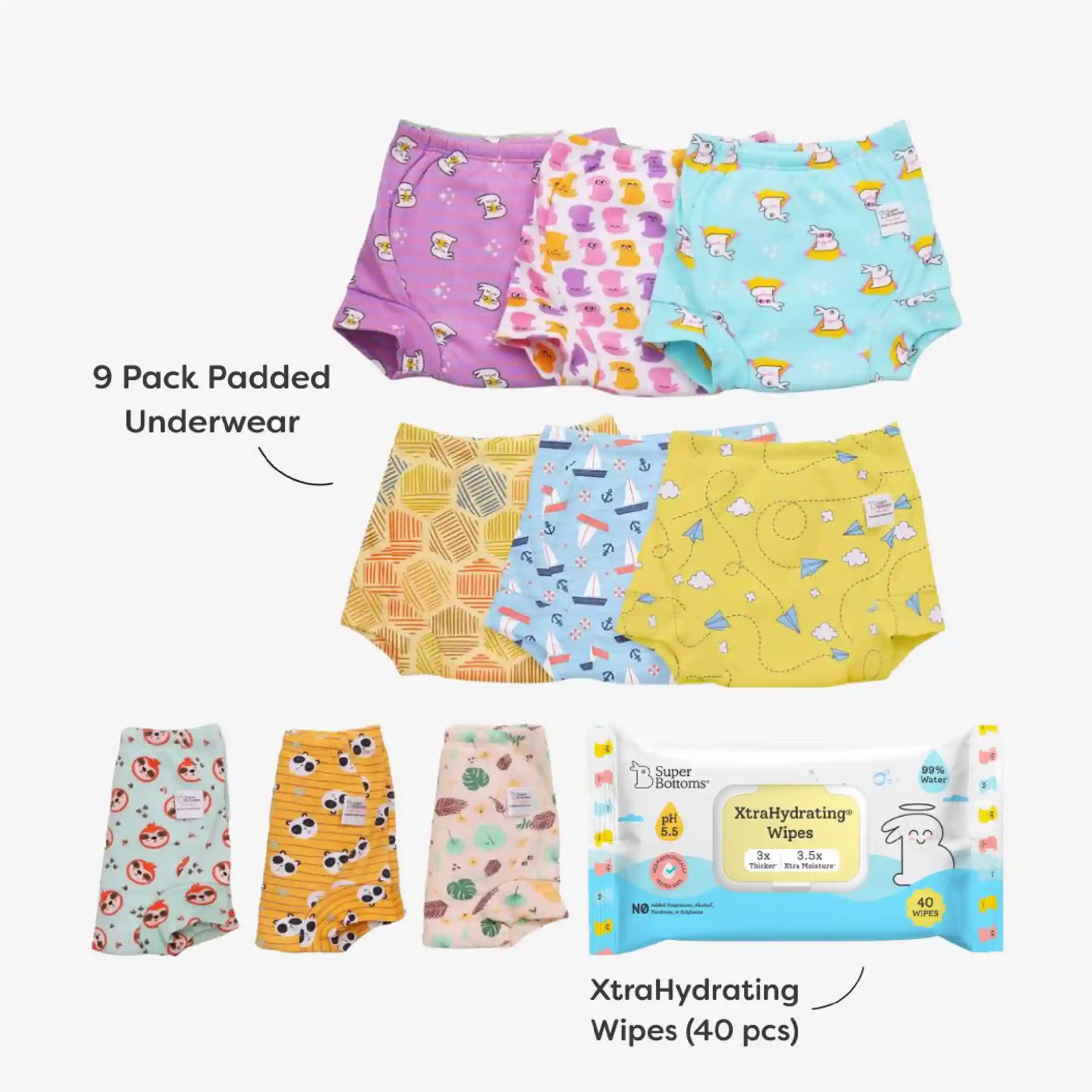 9 Pack Padded Underwear + FREE Wipes - 40 Pack