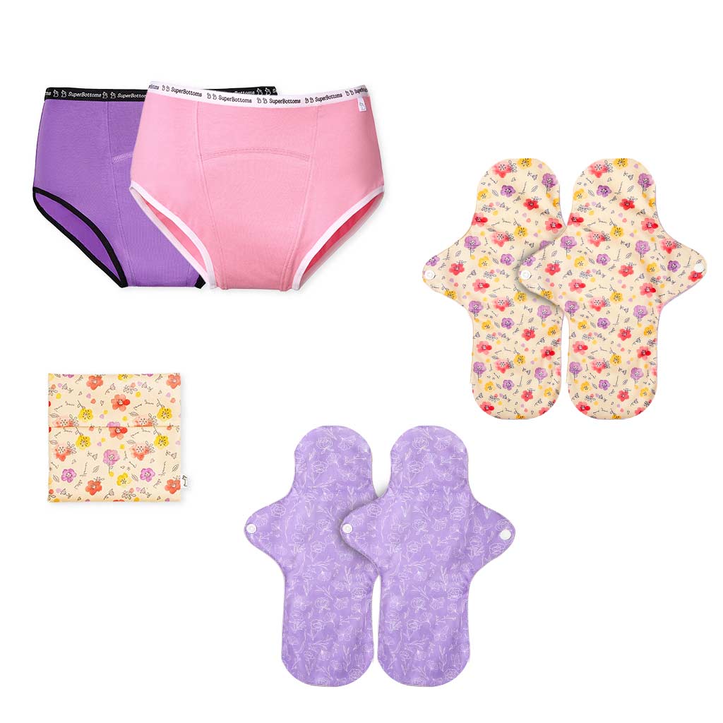 2 Period Underwear (Lilac and Pink) + 4 Flow Lock Cloth Pads + Free Wet Pouch
