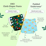 UNO Cloth Diaper Pants 3 Pack- Buzzy Beas,Farmy Bummy & Ocean Bliss