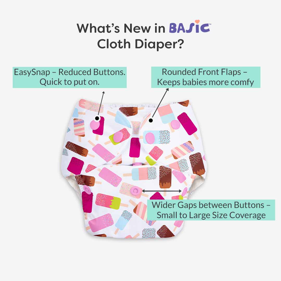 Icecream - BASIC Cloth Diaper, New & Improved with EasySnap & Quick Dry UltraThin Pad